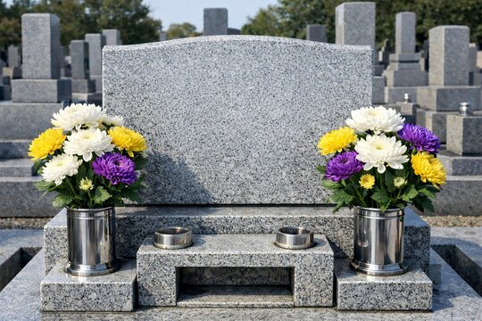 日本の霊園でお供えの花に囲まれた御影石の洋型墓石が静かに佇むお墓参りの風景写真