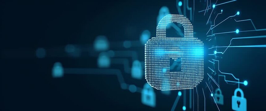 Digital security locks rotate in a futuristic network interface, while the camera steadily tracks left, creating a cinematic presentation with subtle ambient light movement.