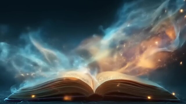 Open book emitting glowing light and smoke against a dark background
