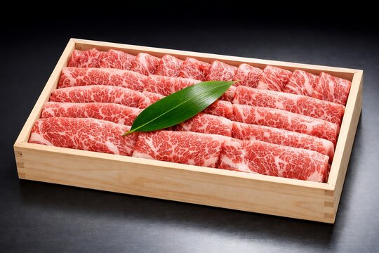 高級感溢れる木箱にきれいに並べられた和牛霜降り肉のギフトセットと笹の葉の物撮り