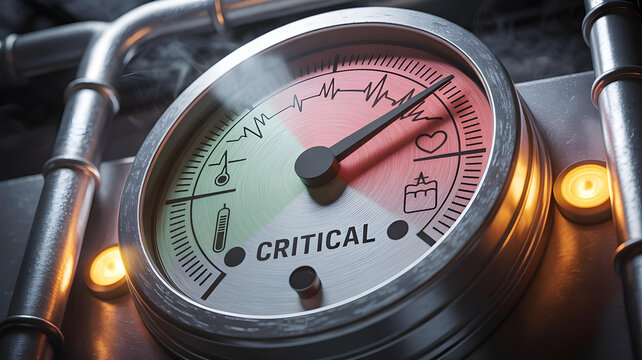 Close up of a highly detailed, illuminated industrial pressure gauge indicating a critical situation with steam rising around the machinery.