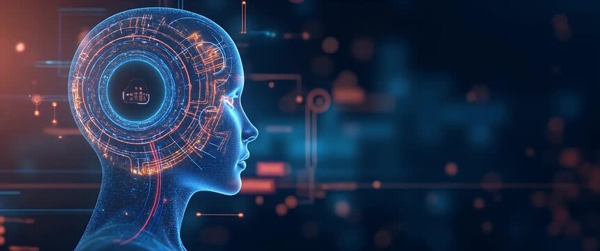 Futuristic AI head with glowing circuits in profile, gently pulsating; camera slowly pans across a digital landscape; technology-themed, cinematic style with ambient light flicker.