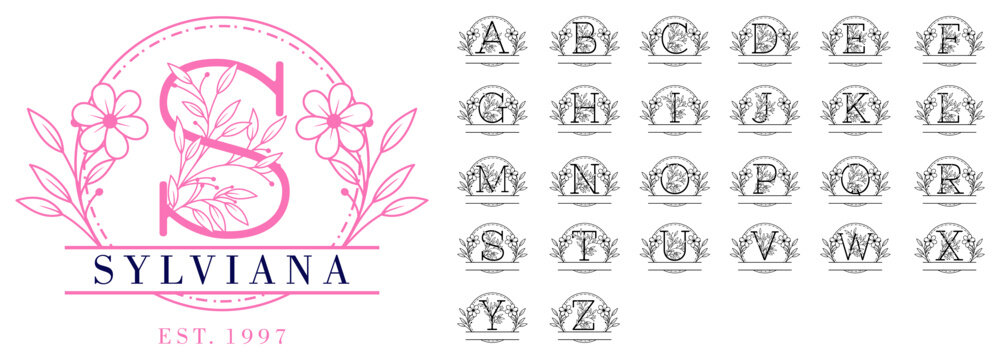 floral wreath split font  monogram letters with flower vector design