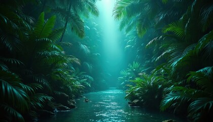 Fototapeta premium Mystical jungle river at night. Rich green tropical foliage surrounds dark water. Light shines from above through dense canopy illuminating misty forest.