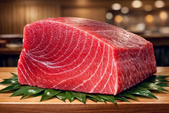 高級寿司店や和食レストランの厨房のまな板の上に置かれた新鮮で肉厚な本マグロの塊