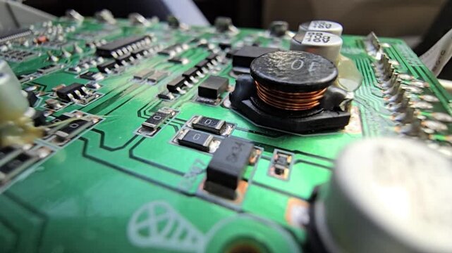 Macro steady shot of a high-quality electronic circuit board focusing on a copper wire inductor coil and electrolytic capacitors on a green PCB.