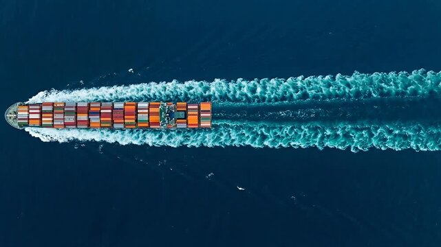 Aerial top view of a cargo container ship sailing on the deep blue ocean with white wake