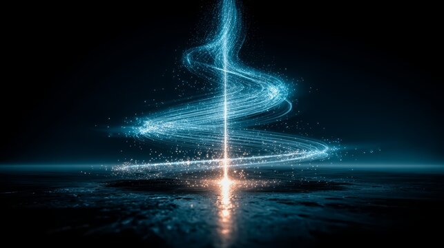 Blue Christmas tree with a bright light shining on it. The light is surrounded by a blue and white swirl of light