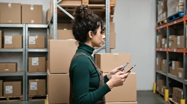 Woman managing warehouse inventory with mobile devices. E-commerce logistics and supply chain operations.