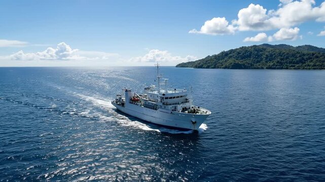 White research vessel cruising in tropical blue waters near a green island