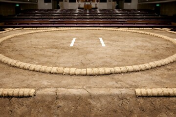 日本の伝統格闘技である相撲が行われる土俵と誰もいない静かな観客席の風景写真