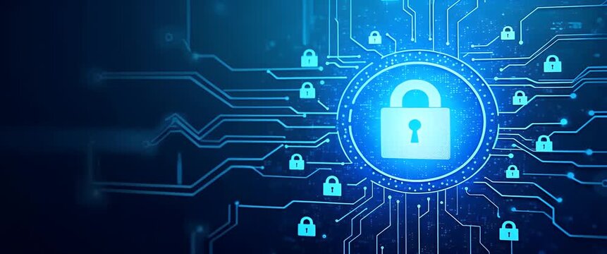 Digital lock icon illuminates amid glowing circuit lines, symbolizing cybersecurity; camera gently pans across the futuristic network interface in a sleek, cinematic style.