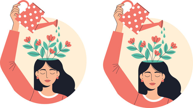 Mental Health Self Care Concept Woman Watering Mind with Flowers Positive Growth Vector Illustration