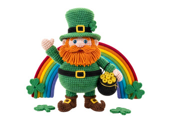 Crocheted leprechaun with rainbow and clovers st patricks day