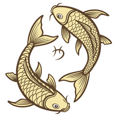 Two golden koi fish forming a circle with zodiac symbol for pisces © MST SABLRON