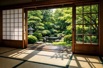 日本庭園の池と石灯籠を望む畳の和室から差し込む初夏の光と縁側の新緑が美しい風景