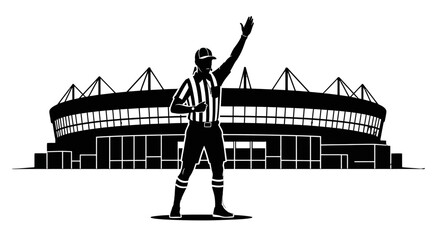 Silhouette of a victorious athlete celebrating in front of a stadium. © pixmastock