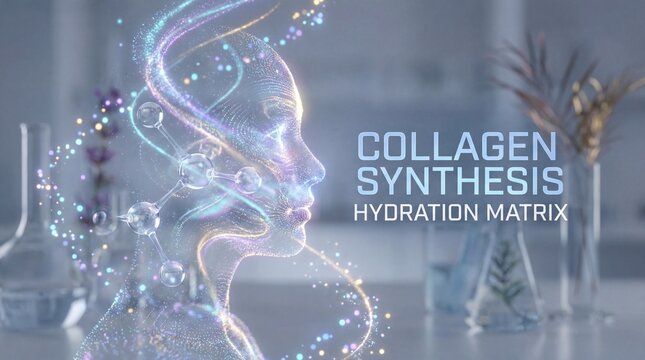 Collagen synthesis hydration matrix glowing molecule beauty particles skincare technology energy, futuristic female face, science laboratory background