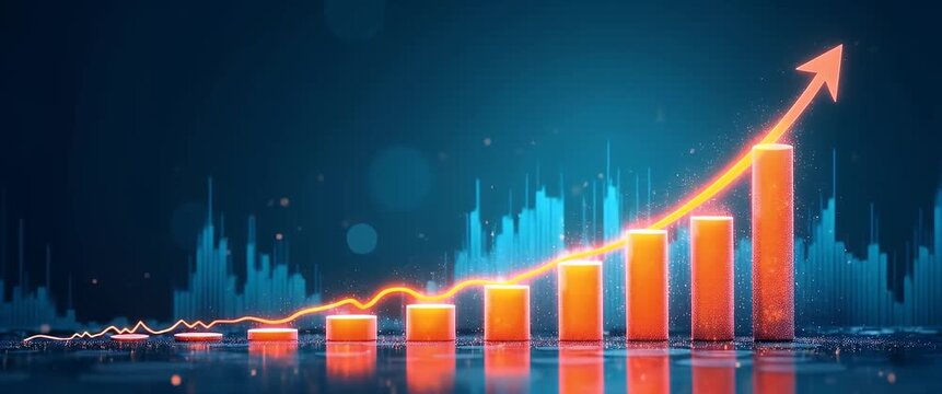 Cinematic stock market growth visualization with a steady camera pan highlighting a dynamic upward graph motion, vibrant financial data bars, and ambient glowing lights.