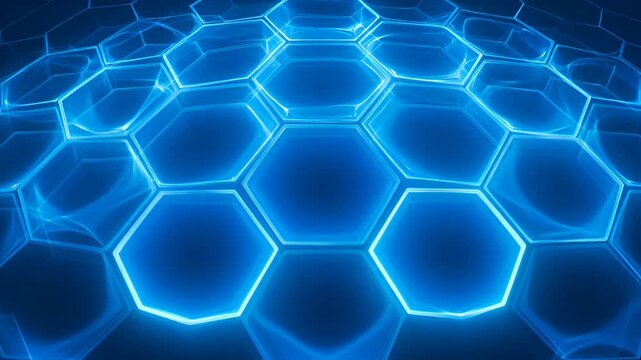Glowing blue hexagons arranged in an abstract geometric futuristic pattern background