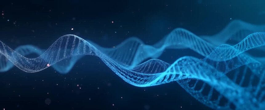 Abstract DNA strands gently undulate in a dark, atmospheric space, as the camera executes a slow pan, with particles subtly drifting, creating a cinematic, futuristic ambiance.