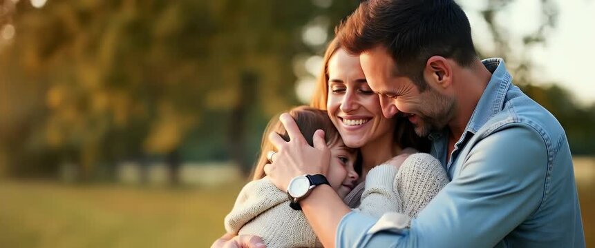 Happy family embraces in a sunlit meadow, with leaves gently swaying and a slow camera pan capturing the serene, cinematic moment, ideal for lifestyle and wellness content.