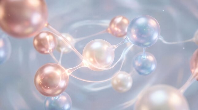 Glowing molecule beauty particles skincare technology energy, soft pastel spheres connected by luminous strands, futuristic science background, radiant and smooth texture