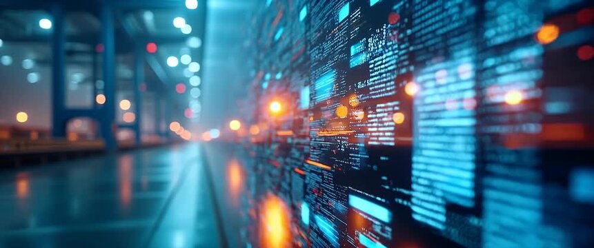 Futuristic digital data streams glide across a vibrant screen in a cinematic style, with the camera executing a slow pan, as ambient lights flicker in a high-tech urban setting.