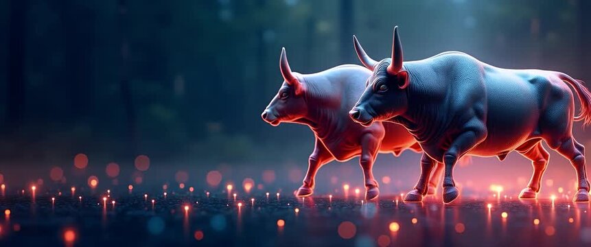 Majestic bulls stride forward in a misty forest as the camera slowly pans, capturing glowing ambient lights in a cinematic, surreal scene with compelling visual depth and dynamic energy.