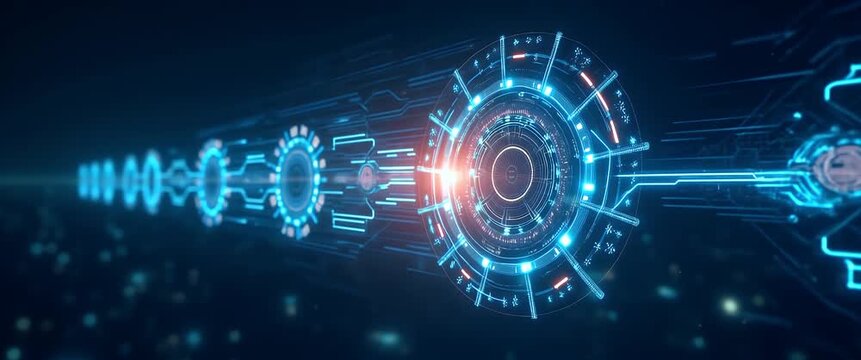 Futuristic digital interface with glowing blue and orange lights animates in a seamless loop, as the camera gently pans across a dynamic, tech-inspired background in a cinematic style.