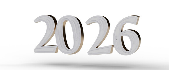 3D render of the year 2026 with metallic texture on white. Ideal for New Year greetings, business, future, or calendar p © vegefox.com