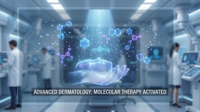 Advanced dermatology molecular therapy activated in futuristic laboratory, glowing particles and molecules represent innovative skincare technology and scientific research