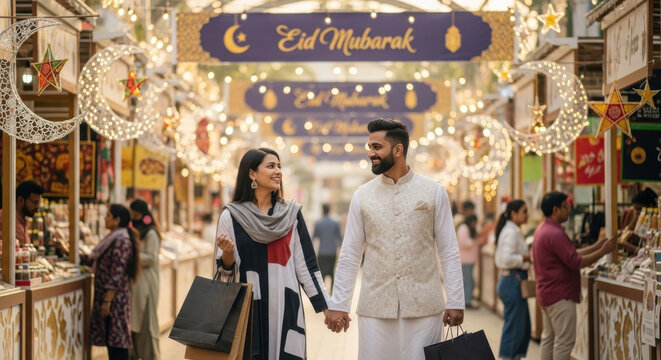 Couple celebrating Eid Mubarak with shopping in festive market
