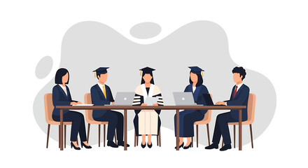 Diverse group of graduates sitting at a table with laptops.