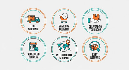 Set of six circular icons representing delivery and shipping services. © Plus