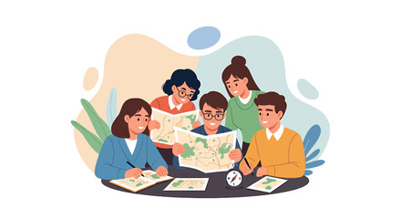 Diverse group of young people collaborating on a map project.