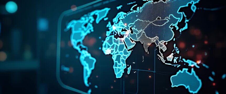 Cinematic world map animation with glowing data points, featuring a slow pan across continents; digital grid lines and ambient light flicker add dynamic energy and modern technology aesthetics.