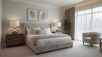 Fototapeta premium Modern luxury bedroom interior with neutral tones, tufted headboard, natural lighting, elegant decor, cozy minimalist design