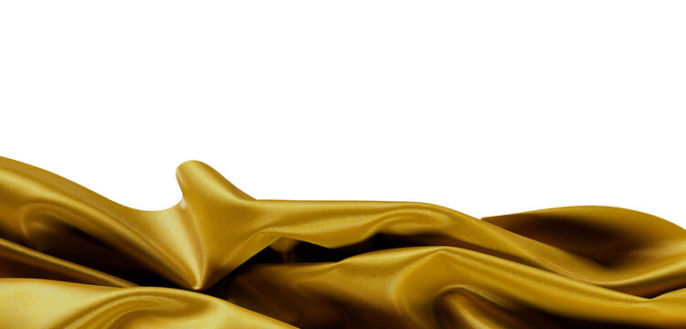 Elegant gold silk cloth waves on white background. Perfect for luxury, fashion, and texture themes. Ideal for design nee