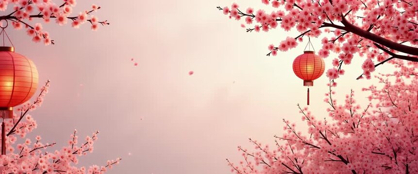 Cherry blossoms gently sway as red lanterns glow softly; the camera slowly pans across this tranquil, cinematic scene, capturing the essence of a serene spring evening.