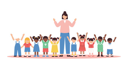 Fototapeta premium Kindergarten Teacher with Diverse Children Celebrating Together Education Diversity and Childhood Development Vector Illustration