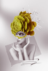 Abstract contemporary art design or portrait of young sad woman with flowers