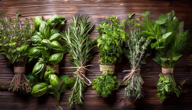 freshly gathered herbs arranged in bundles on a rustic surface showcasing culinary variety and vibrant colors