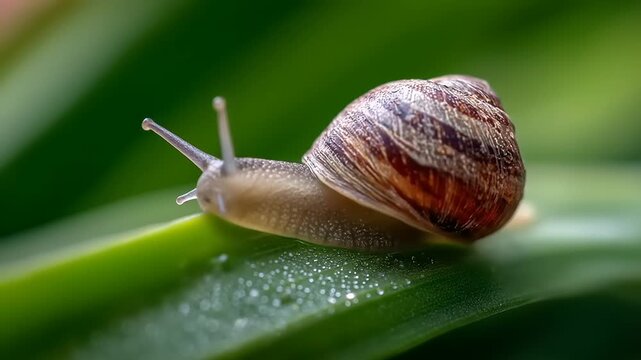 Snail crawling across green leaf macro shot with shell and natural details