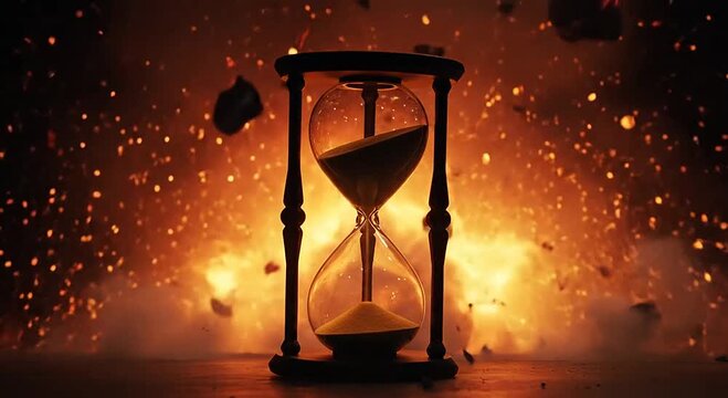 Hourglass with flowing sand stands before a vibrant, explosive scene of fire and debris