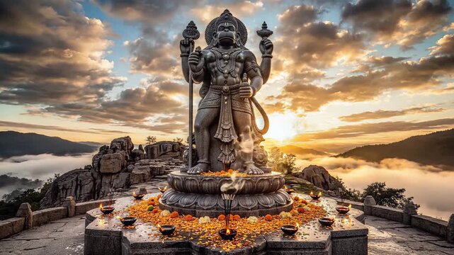 Hanuman Jayanti,Hindu stone statue at sunrise with orange flowers and foggy mountain landscape