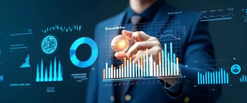 Business professional analyzes dynamic digital graphs on a futuristic desk; camera pans slowly in cinematic style, while ambient light flickers softly in a modern office setting.
