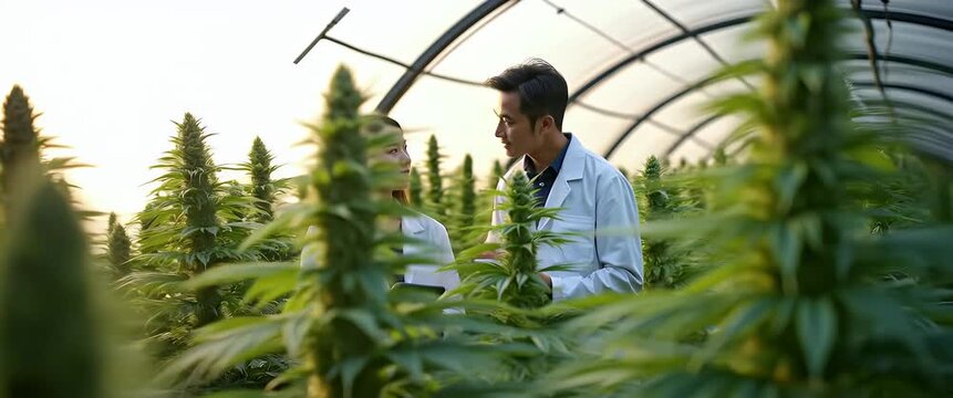 Scientists in white coats study thriving plants in a greenhouse, tablets in hand, as the camera gently pans through lush greenery, capturing a cinematic, research-focused scene.
