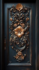 Ornate dark door features bronze floral carvings, showcasing intricate detailing and elegant design