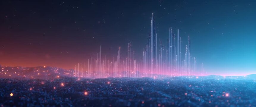 Futuristic skyline emerges from a digital landscape with flickering lights; camera slowly pans across a serene, ambient, and cinematic scene, perfect for technology or innovation themes.